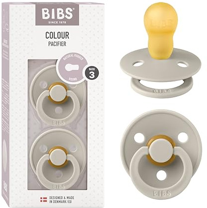 BIBS Colour Soother 2-Pack, BPA Free Dummy Pacifier, Round Nipple. Natural Rubber Latex, Made in Denmark, Size 3 (18+ Months), Sand