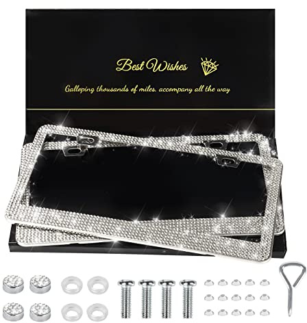 QUANQIUFEI 2-pack bling registreringsskyltramar för kvinnor, glittrande strass diamant biltillbehör för kvinnor, handgjorda bilregistreringsskylt i rostfritt stål med glitter kristalllock (vit)