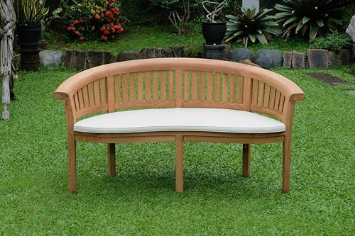 Emporium Furniture Garden Bench (Extra Thick) with Cushions Premium Quality Teak Wood Outdoor Patio Banana Benches (Banana Bench Vertical Slats 12 cm Thick, Cream Cushion)