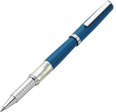Xezo Speed Master Stylo roller, pointe fine. Bleu lapis mat avec nacre blanche. Plaqué chrome. Corps en laiton léger. Chaque pièce unique