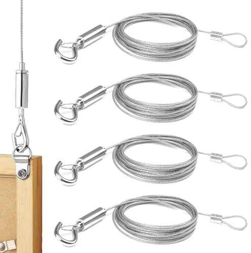4 Pcs Picture Hanging Wire Kit, 1.5mm x 2m Stainless Steel Adjustable Lanyards Heavy Duty Wires Rope Picture Hanging Chain with Hook Loop, for Mirrors Photo Frames Flower Pots, Holds up to 90kg