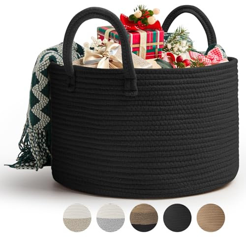 Rieeyrslza Cesto Portabiancheria in Corda Intrecciata D40 x H25 CM Pieghevole Cesta Decorativa Stoccaggio Paniere con Maniglia 32L Tessuto Naturale Cesto per Coperte Esperto di Archiviazione(Nero)