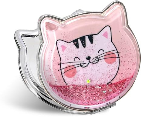 Fixleren Katze Taschenspiegel, Handspiegel Klappbar Mini Schminkspiegel ，Klein, Doppelseitig，Kompaktspiegel für Make-up Camping Reisen 7 * 7.5cm. (Rosa)
