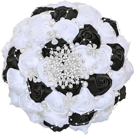 Bouquets de mariage artificiels faits à la main fleur strass demoiselle d'honneur cristal bouquet de mariée (couleur : noir plus blanc 21 cm)