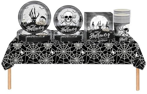 69 Halloween Vaisselle de Fête,Assiettes Carton Jetable Tasses Serviettesr en Papier et Nappe Plastique,Noir Squelette Vaisselle Recyclable Kit Decoration Célébrer Halloween Fournitures de Fêtes