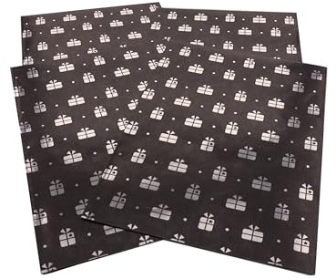4 Sheets Matt Black Wrapping Paper With Silver Presents Motif and 4 Square Black Stick-on Name Tags | Unisex | For Any Occasion - Birthday Anniversary Christmas