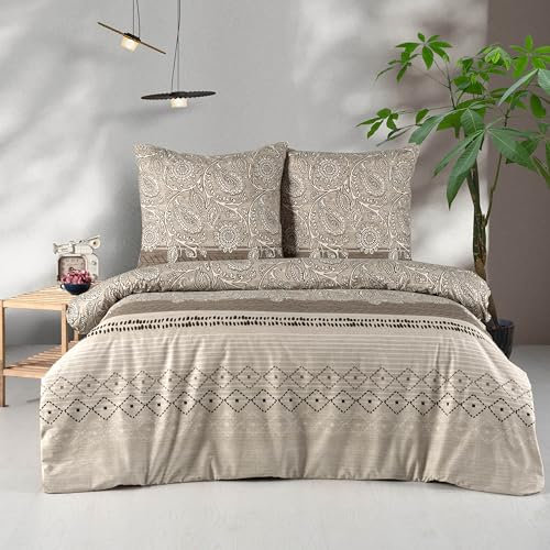 Bettwäsche 200x200 Braun 3-teilig Baumwolle Bettbezug Warm - Kuschelig Kissenbezug Boho-Stil mit Paisley, Blatt, Geometrisch Muster Bettwäsche-Set Beige, Braun, Weiß, Gestreift & Geblümt, Mahfer