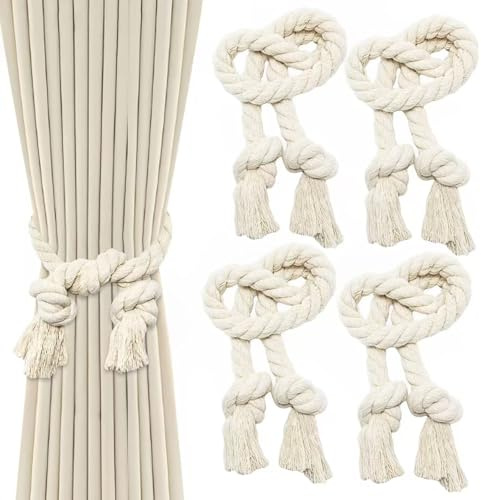 Xpieoyrm 4 Pièces Embrasse pour Rideaux Beige,Pinces à Rideaux Corde de Coton,Boucle à Tricot Rideau Corde,Embrasses Rideau Tricotées à la Main,pour la Décoration des Rideaux de La Maison et du Bureau