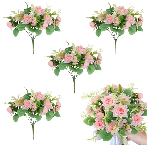 Hobyhoon 4 Bundles Artificial Rose Flowers Bouquets Fake Mini Silk Roses Bush with Foliage 7 flower heads Decor for Wedding Home Office Garden (Pink)