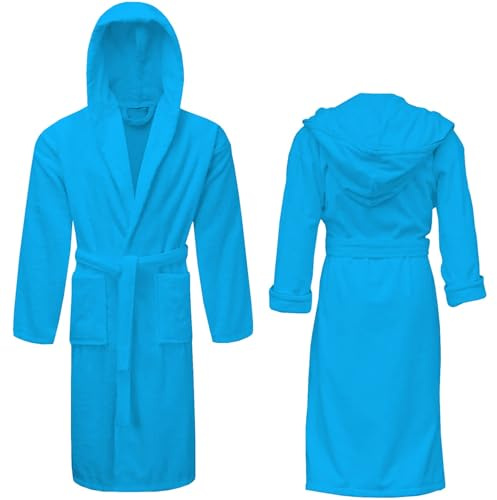 NAUSHA.HOME Luxury Hooded Bathrobe Mens & Ladies Dressing Gown 100% Cotton Terry Toweling Shawl Robe Perfect For Hotel & Spa Soft Stylish Robe (UK, Alpha, S, Regular, Regular, Aqua/Turquoise)