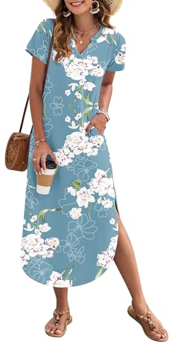 AUSELILY Women's Summer Casual Dress with Pockets V Neck Flor Light Blue XXL