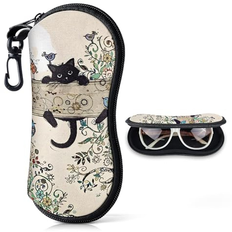 Etui Lunettes, Etui a Lunette Souple en Néoprène pour Femmes&Hommes, Porte Lunettes de Protection Rangement Lunettes de Soleil avec Fermeture Eclair, étui Lunettes avec Mousqueton (Chat Mignon)