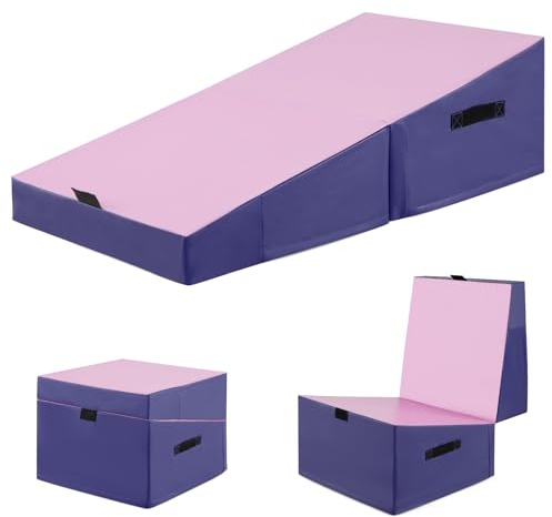 COSTWAY Large Foldable Incline Gymnastics Mat, Kids Cheese Wedge Skill Shape Fitness Tumbling Gym Yoga Mats, for Boys and Girls Home Training Aerobic Exercise (Light Pink+Purple)