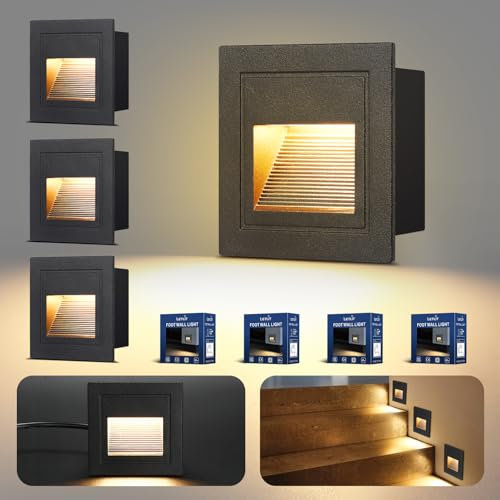 Letlit 4er Set Treppenbeleuchtung 3W 300lm, LED Treppenstufenbeleuchtung 230V 3000K, 85x85mm, IP65 Wandeinbauleuchte Treppenlicht Beleuchtung für Treppen Wand, Unterputzdosen 68mm, Aluminium Schwarz
