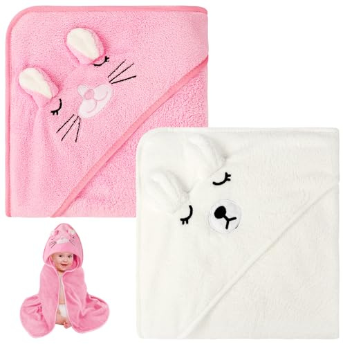 Aolso babyhandduk, 2 st babybadhanddukar med huva, 80 x 80 cm mjuka och absorberande handdukar med huva för barn nyfödda och spädbarn, (vit/rosa)