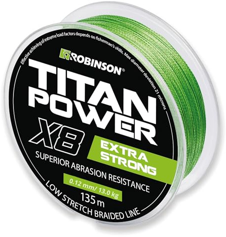 Robinson Geflochtene Angelschnur X8 - Angelschnur geflochten, 0,12mm - Tragkraft bis 13kg, 135m, ideal zum Spinnfischen - Titan Power GRÜN