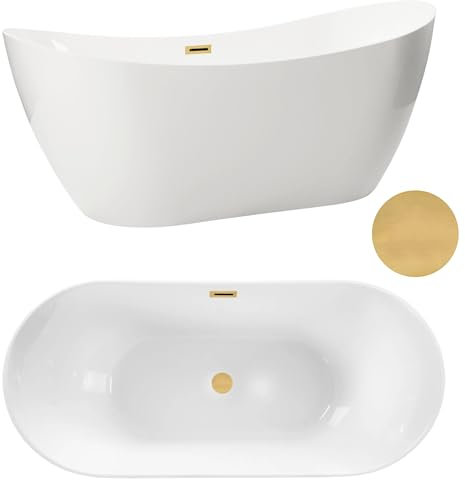 Aquauno - Baignoire autoportante en acrylique sanitaire de qualité supérieure - 170 x 72 cm - Avec bonde clic-clac, trop-plein, couvercle, bonde dorée - Design moderne pour baignoire autoportant
