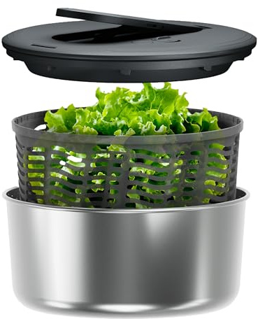 Zyliss Swift Dry Centrifuga per Insalata in Acciaio Inox, Grande, Capacità 6 L, Tecnologia AquaVent™, Senza BPA, Base antiscivolo, Lavare verdure e lattuga, Lavabile in lavastoviglie