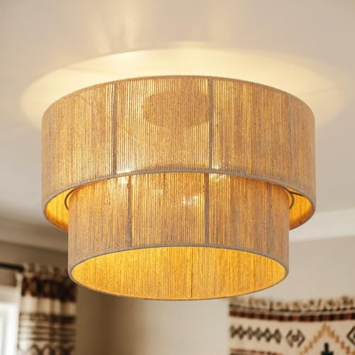 CALOKES Boho Ceiling Light Ø45cm – 3-Light Rattan Ceiling Lamp with Jute Rope Shade, Basket Design Flush Mount Ceiling Light Fixture, E27 Base (Bulbs Not Included)