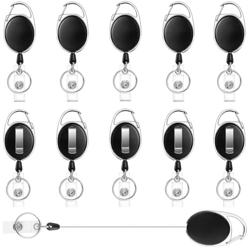 10 Piezas Llavero Retractil con Clip, Llavero Extensible Retractil, Llaveros Retráctiles Extensibles, para Porta Tarjetas Identificativas, Tarjetas de Identificación, Llaves, Clip de Cinturón (Negro)