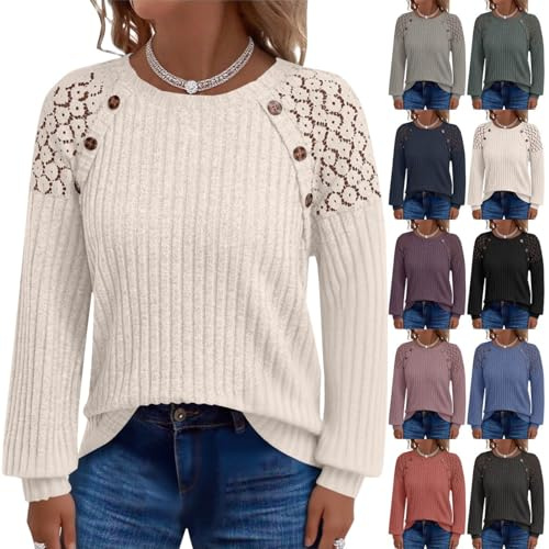 Suéteres recortados, suéteres ligeros para mujer, elegante jersey de cachemira, cómodo suéter acanalado tipo túnica, suéter de moda, túnica con botones, casual, cuello redondo, camisas de manga larga