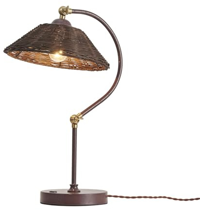 NUSRAN Woven Rattan Table Lamp, Boho Plug in Handmade Rattan Shade & Anti-Rust Iron Base Desk Lamp, Plug & Play Vintage Dark Brown Bedside Lamp for Living Room, Office, Bedroom 【Bulb Included】