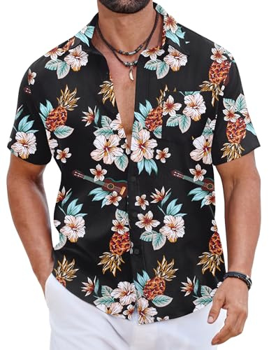 COOFANDY Camicie Hawaiane Uomo 100% Cotone, Camicie Estate Maniche Corte Bottonate, Tops Tropicali Spiaggia Taglio Regular PAT2 XL