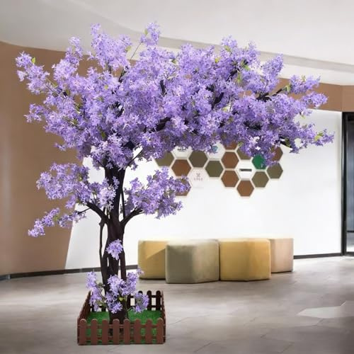 Artificial Cherry Blossom Tree 6 Ft Tall with Purple Silk Flowers for Home Wedding Decor, Realistic Faux Plant with Green Leaves, No Maintenance, Purple, 180x150cm/70x59in