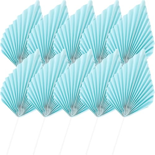 FOMIYES 10 Palillos para Pastel de Hojas de Palma Doradas, Decoración de Tartas Bohemia, Abanicos de Papel Grandes Azul Lago para Cumpleaños y Bodas, Accesorios DIY para Cupcakes y