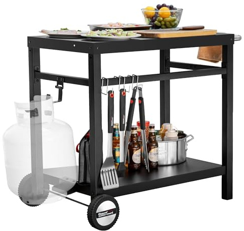 Royal Gourmet Dining Cart Table with Double-Shelf, Movable Stainless Steel Flattop Grill Cart, Hooks, Side Handle, Multifunctional PC3401B (Black)