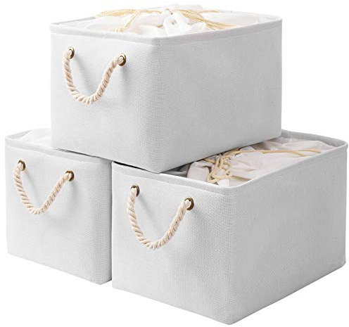 Yawinhe Foldable Storage Baskets 3 Pack, with Drawstring Cover and 2 Handles, Collapsible Bins, for Shelves, Clothes, White, Small Size, SNK003WS
