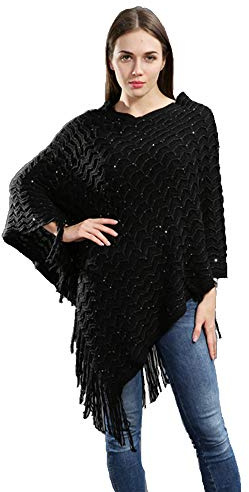 Relarr Maglioni da donna larghi, grandi e puri lavorati a maglia e pullover da donna poncho avvolgente con paillettes top, Nero , L