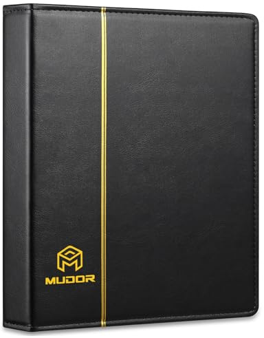 MUDOR Empty Premium PU Classic Binder, 4 Ring Binder Albums Stockbook for Stamps, Documents, Coins, Bank Notes(Black)