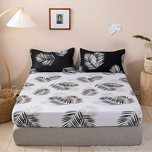 Leaves Bed Sheet Set Twin Decorative Luxury Leaf Print Bedding Set Botanical Plant White Black Fitted Sheet for Girls Teens Bedroom Decor Bed Cover with 2 Pillow Cases,Flat Sheet not Included