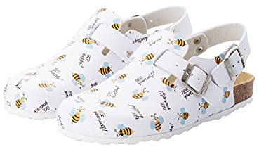 CLINIC DRESS Clog - Damen und Herren Clogs bunt weiß Motiv Biene. Unisex Schuhe für Krankenschwestern, Ärzte und Pflegekräfte. Bis Größe 46 weiß/gelb/schwarz, Bienen 37