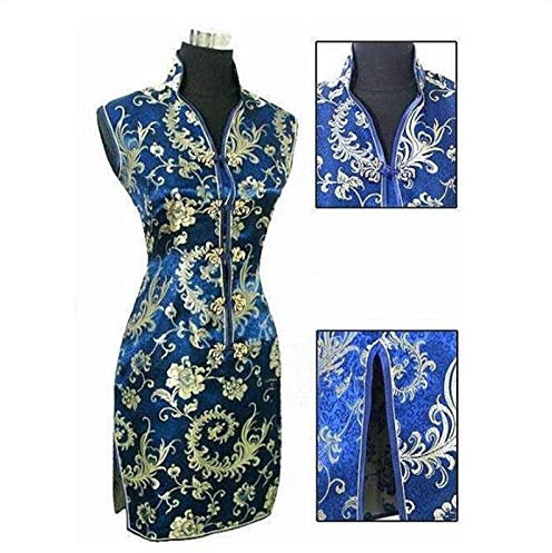 Traditionnelle Chinoise Dame Soie Cheongsam Qipao Prom Club Robe Totem Fleur Comfortable (Color : Navy Blue, Size : XL.)