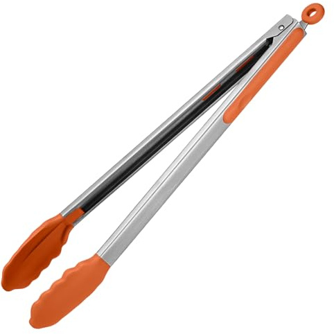 U-Taste 41 cm Pinza da cucina in silicone resistente al calore 315℃ con punte in gomma antiaderente ben sigillate e manico in acciaio rivestito in silicone e bloccaggio liscio (Arancia)
