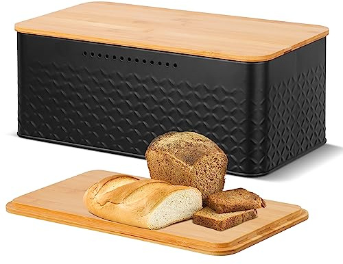 Phyllia Bread Box, Metal Bread Storage Container with Bamboo Lid Usable as Cutting Board, Breadbox Holder for Kitchen Countertop, 13 x 7 x 5.3 inch (Black)