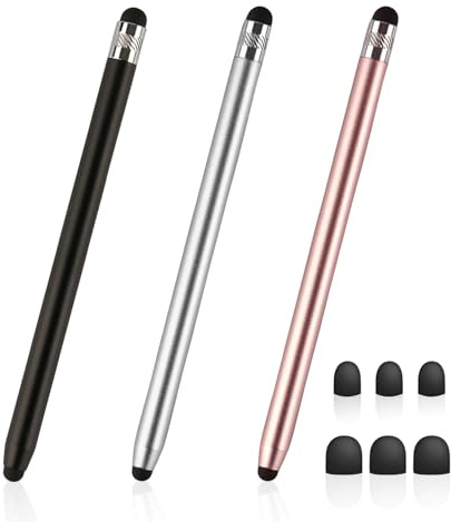 KRYMSON Juego de 3 lápices capacitivos de metal para pantalla táctil de doble cabeza, para tablet y smartphone, color negro, plateado y rosa
