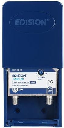 EDISION AMP-10 Préamplificateur de mât Antenne TV TNT 1UHF, 15-25db Réglable, 107dBmV, 24V, pour Numérique Terrestre DVB-T/T2, Bande passante UHF 470-694Mhz, avec Filtre 5G LTE