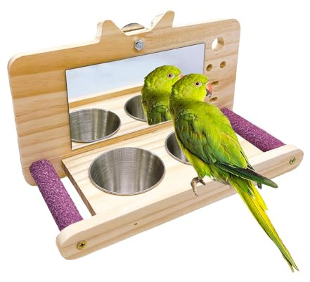 Bird Mirror Parrot Perch with Mirror and Feeding Cups Parrot Cage Swing Wooden Mirror Fun Play Toy for Lovebird Parakeets Conures Cockatiels