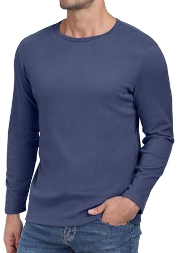 Hisir långärmad tröja herr rund hals t-shirt basic T vinter termo undertröja långärmad smal passform stretch topp varma toppar, Marinblå, L