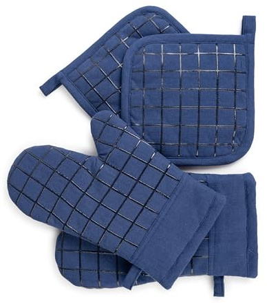 Qualissculina Oven Mitts and Pot Holders Set for Kitchen | 4 Pc Set| Heat Resistant Up to 500°F | Non-Slip Silicone Strips | Blue Kitchen Accessories | Includes 2 Hot Pads & 2 Cooking Mitts