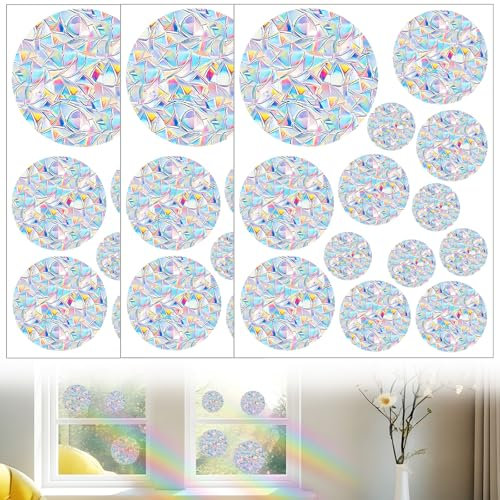 39 Stück Runden Prisma Fensteraufkleber für Vogelschläge, PVC Sonnenfänger Vogelschutz Sticker 3D Anti-Kollisions Aufkleber für Türfenster Esszimmer Schlafzimmer Dekoration