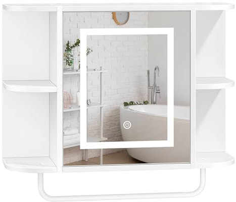 MAHANCRIS Badezimmerschrank, Wandschrank, Badschrank, Medizinschrank mit LED-Spiegel und Handtuchhalter, Aufbewahrungsschrank über der Toilette, für Waschküche, Weiß AWCWT33UE01