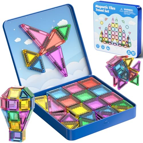 Bloques de Construcción Magnéticos, 60 piezas Juguetes de Viaje de Azulejos Magnéticos con Caja de Hierro, Juego de Construcción Sensoriales Educativos Regalos para Niños y Niñas 3 4 5 6 7 8 Años