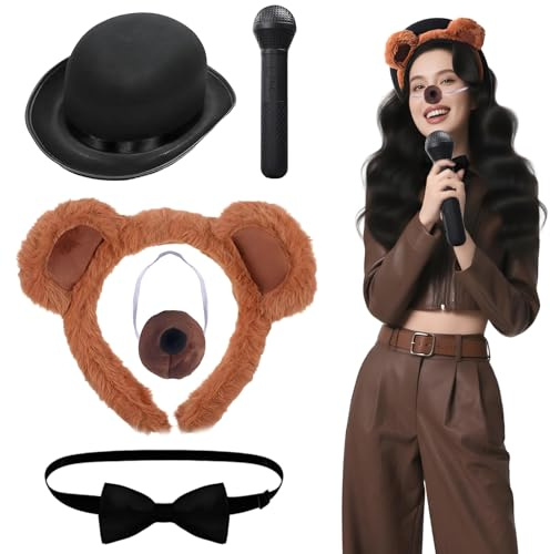 Brown Bear Headband ,World Book Day Costumes for Girls Kids Adults Hat Bear Ears Headband Nose Bow Tie Microphone for Cute Furry Animal Accessories for Halloween Carnival Cosplay Birthday Party