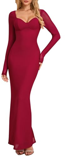HTZMO Women Fall Long Sleeve Bodycon Maxi Dress Sexy V Neck Wedding Guest Formal Party Elegant Long Dresses, Wine, M