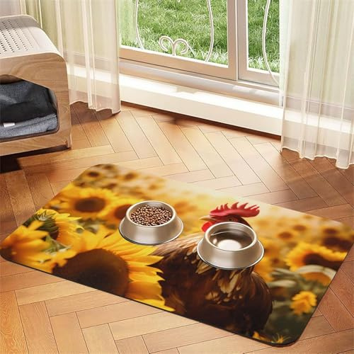 WZYCWB Sets de table absorbants pour animaux de compagnie imprimés tournesols et poules - 40 x 60 cm - Tapis antidérapant pour nourriture et bol d'eau pour chiens et chats