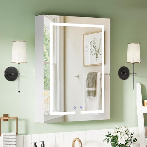 BELIWIN Bathroom Mirror Cabinet 600 x 800 mm with LED Lights, Touch Control, 3 Colour Dimmable Illuminated Mirror, Demister Pad & Shaver Socket